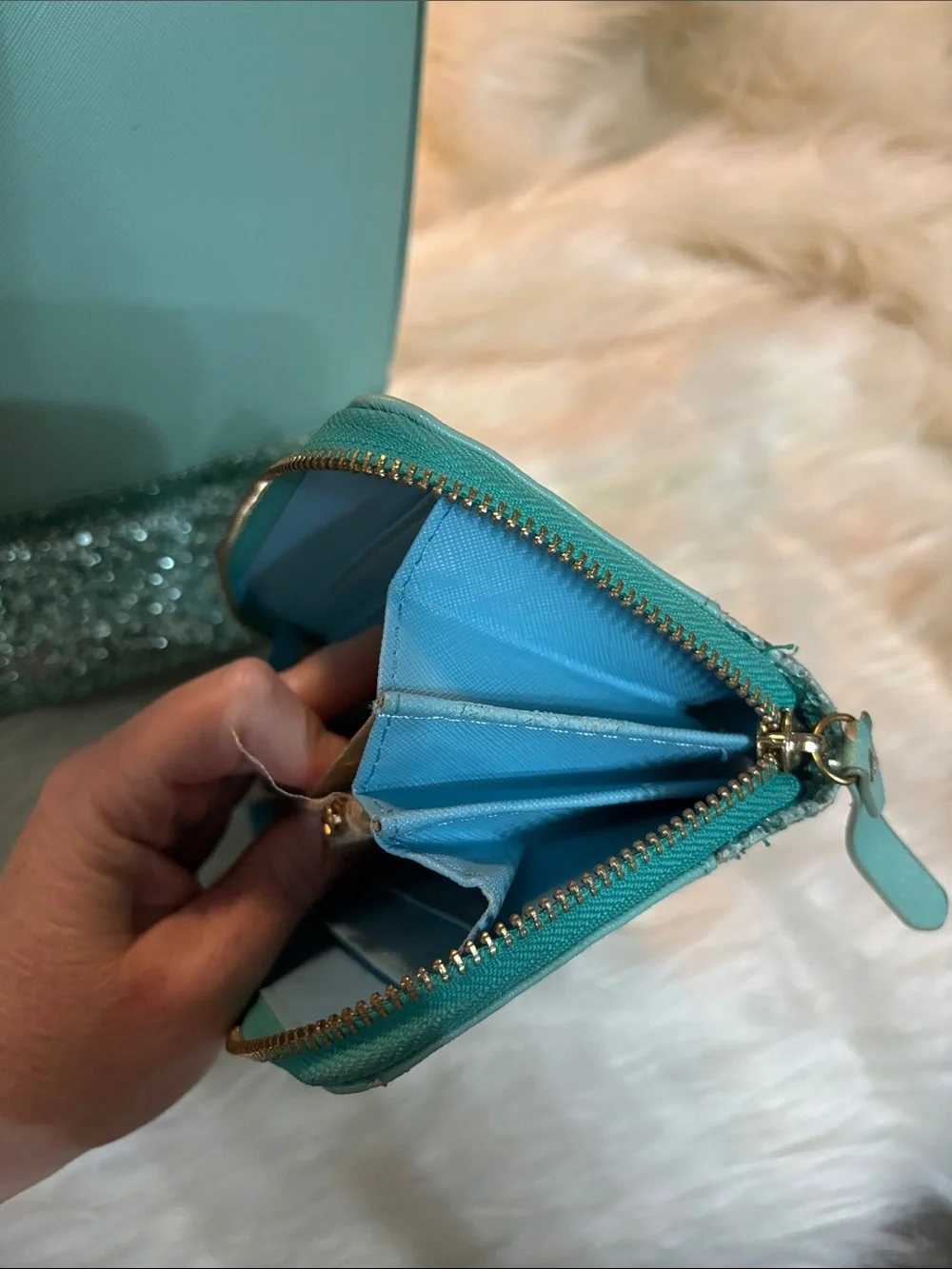 kate spade mint green tote with glitter trim and matching wallet